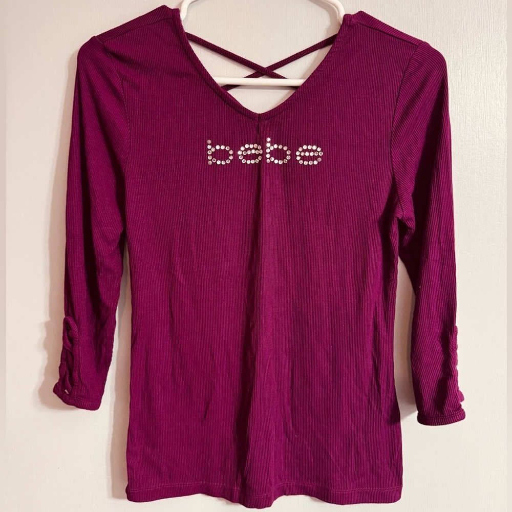 Bebe Women's Purple Long Sleeve Ribbed Top Size Small